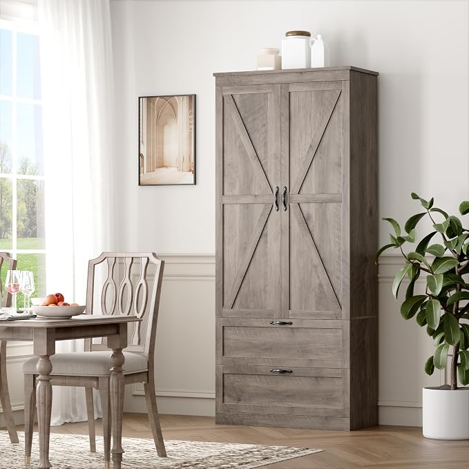 70" Tall Kitchen Pantry Storage, Barn Doors Pantry Cabinet