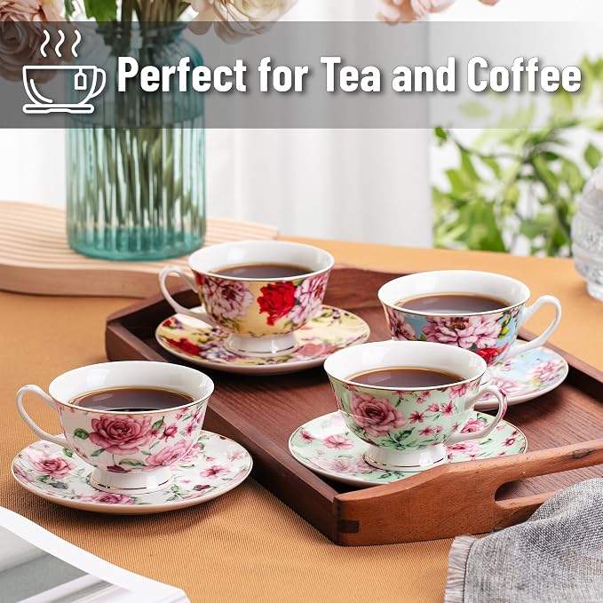 BTaT- Floral Tea Cups and Saucers Set of 4, 7 oz | Porcelain Tea Cup Set