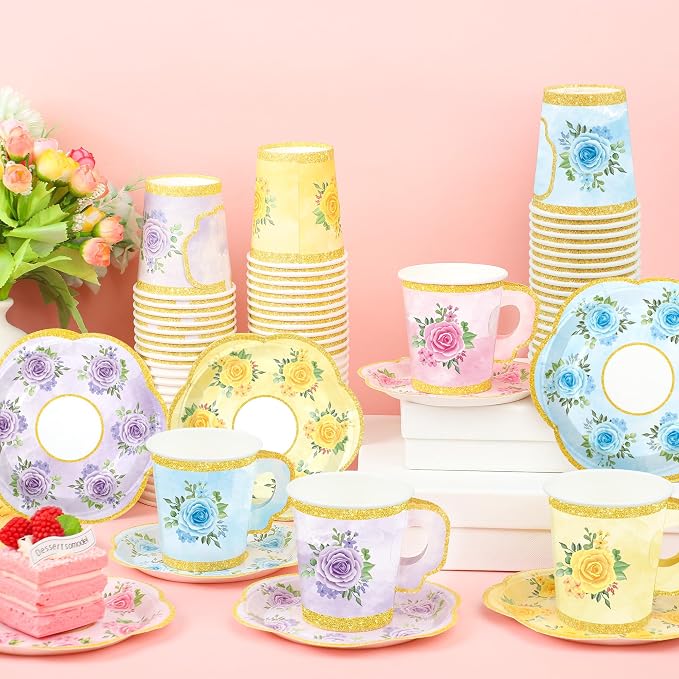 24 Sets Floral Paper Tea Cups and Saucers Disposable Tea Party Supplies