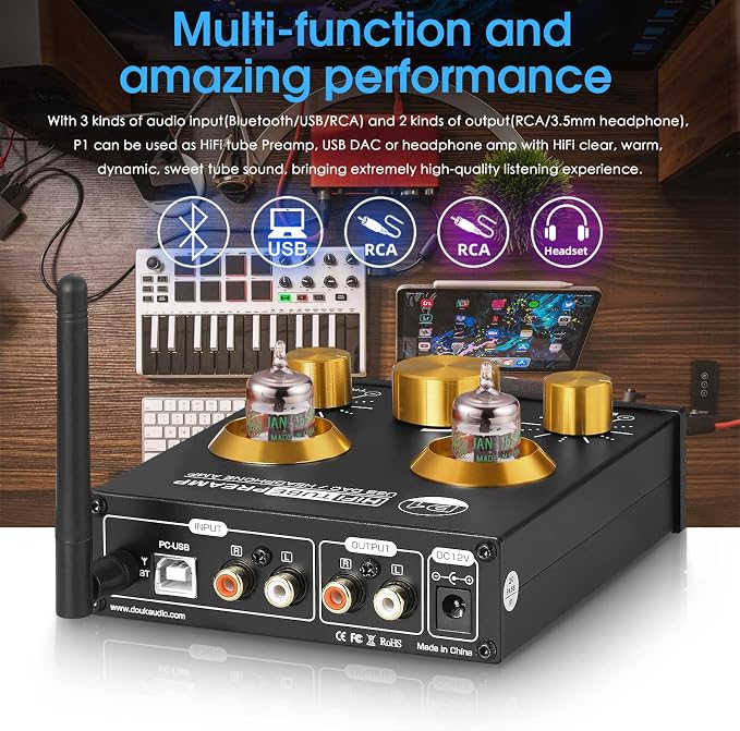Douk Audio P1 Vacuum Tube Bluetooth Preamplifier, GE5654 Audio Preamp, Hi-Fi