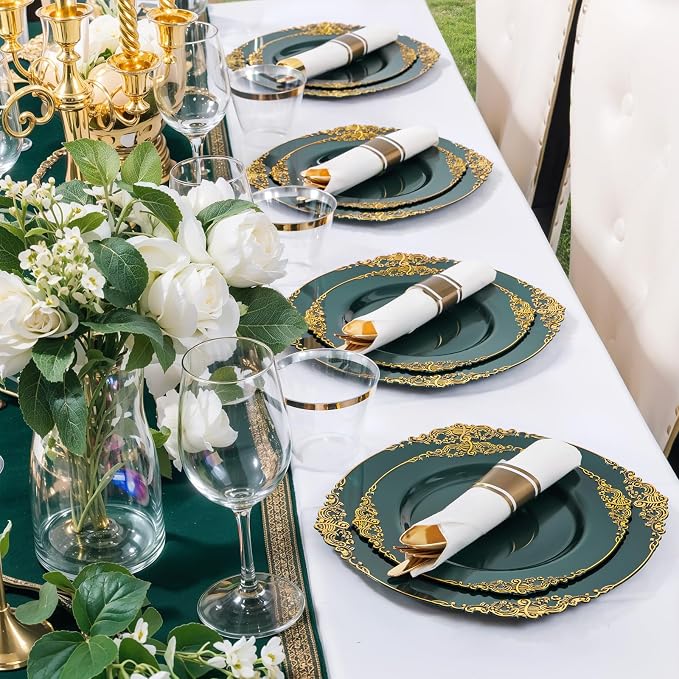 Nervure 350Pcs Green Plastic Plates, Plastic Dinnerware Set