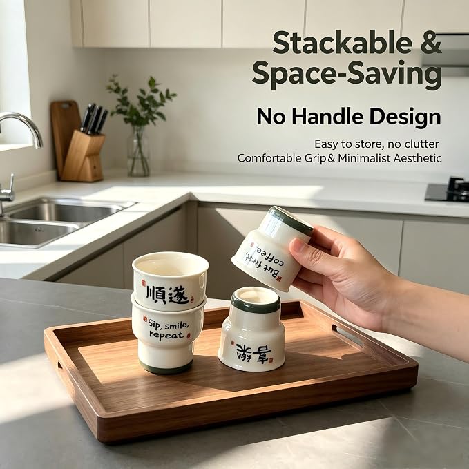 Ceramic Espresso Cups Set of 2, 3.52 OZ Handleless Demitasse Cups, Stackable
