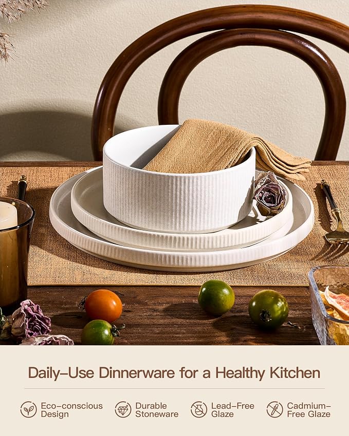 Stoneware Dinnerware Set for 4, 8-Piece Wide Pasta Bowls and Salad Plates |