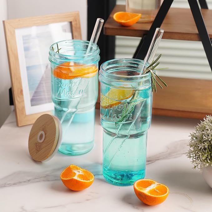 ANOTION Colored Glass Cups - 24oz Travel Coffee Mug Wide Mouth Mason Jar Iced