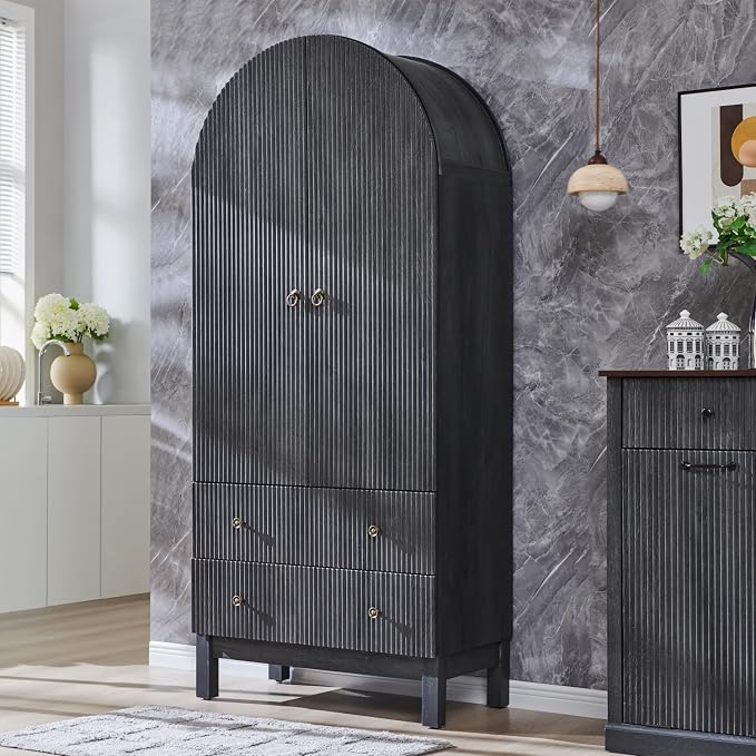 71" Tall Arched Pantry Cabinet, Fluted Kitchen Storage Cabinet