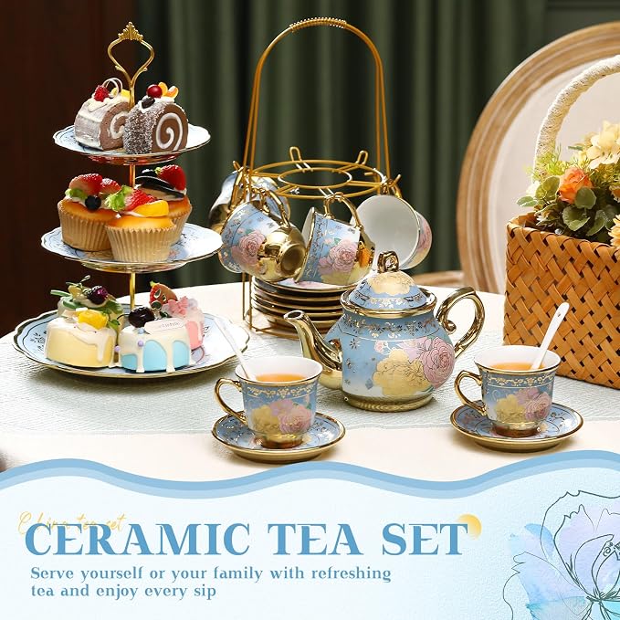 21 Pcs Ceramic Teapot Set Vintage Porcelain Tea Cups