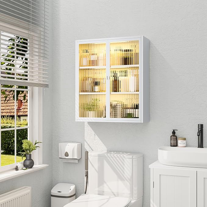 Bathroom Medicine Cabinet with Glass Doors & Sensor LED Lights