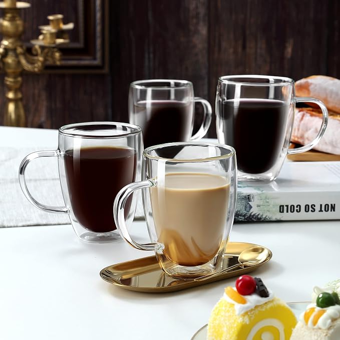 4-Pack 12 Oz Double Walled Glass Coffee Mugs