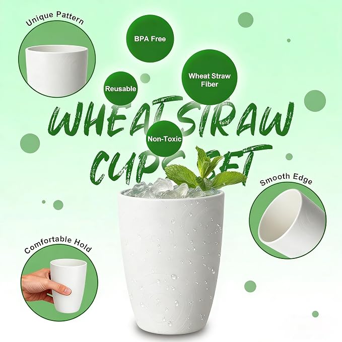 Wheat Straw Cups 6 PCS, Unbreakable 16 OZ Tumbler Set, Lightweight Glass Cups