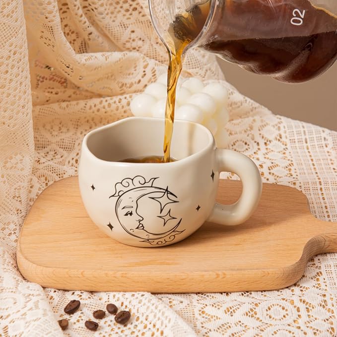 4pcs Boho Style Ceramic Moon and Sun Mugs, 9.4OZ Cute Coffee Cup Set, Matte