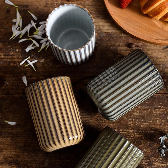 Vinitage Ceramic Mug, Japanese Tea Cup 10oz Striped Cup No Handle Drinking Cup