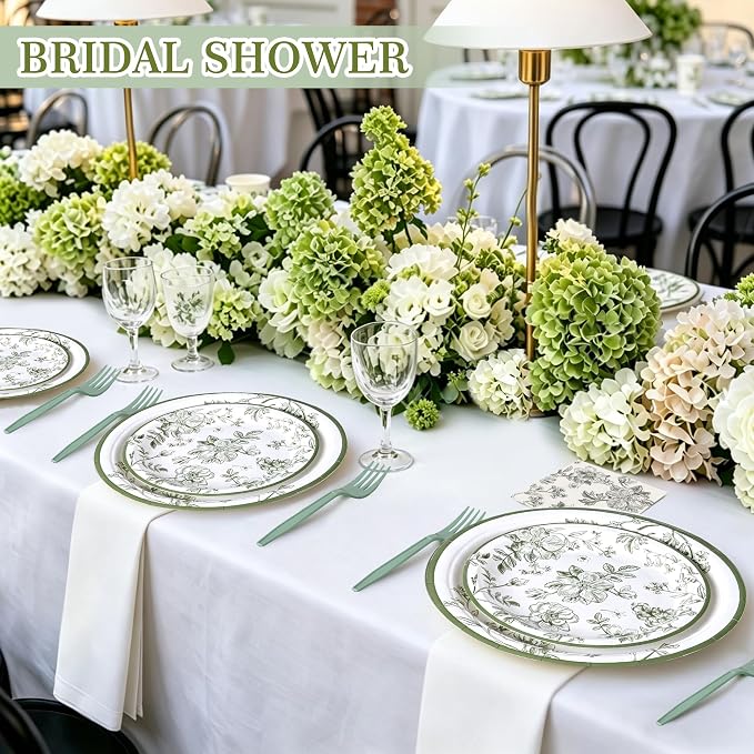 100 Pcs Disposable Sage Green Flower Tableware Set
