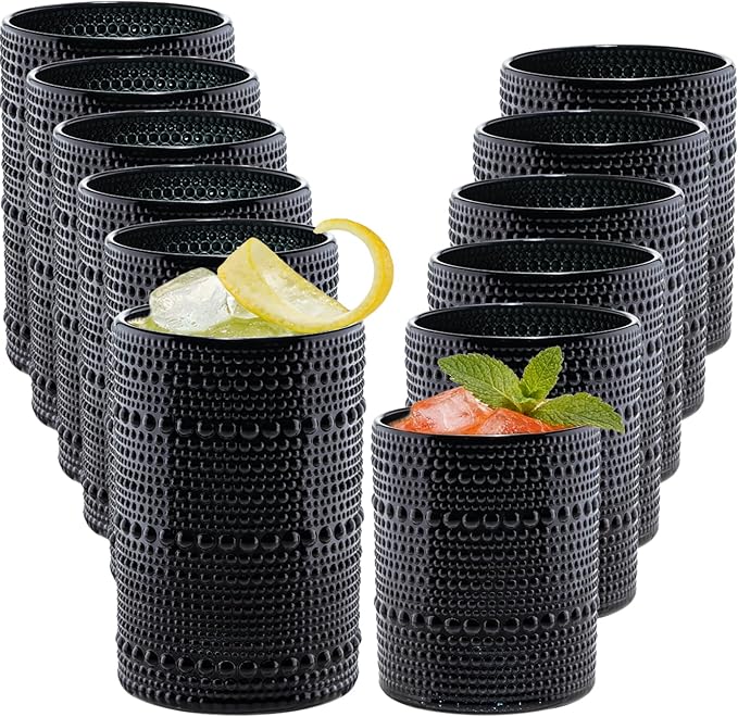 Black Hobnail Beaded Drinking Glasses Set of 12, 12 oz & 15oz Vintage Glassware