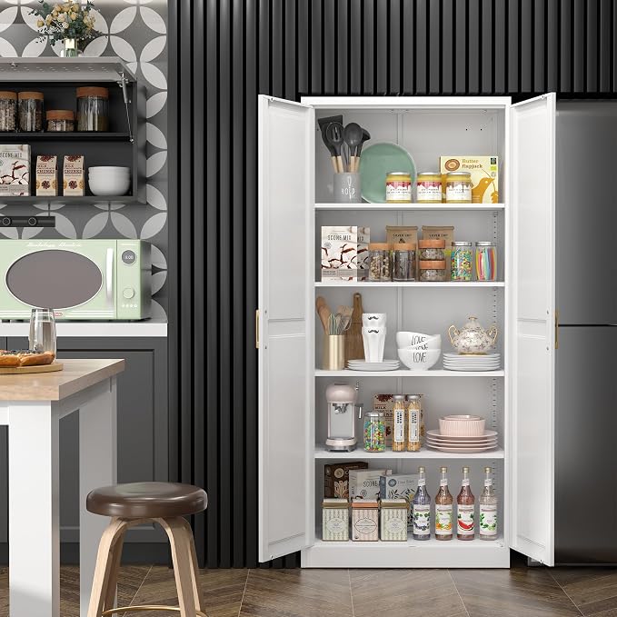 Kitchen Pantry Cabinet, 71”White Metal Pantry Storage Cabinet