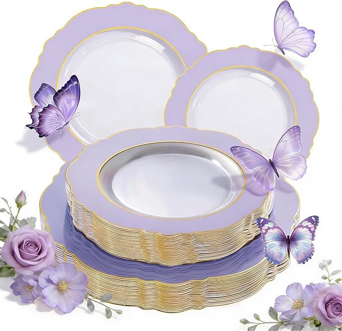 60pcs Clear Purple Plates Disposable