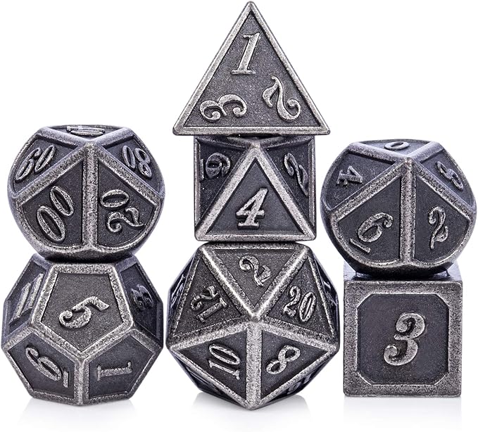 DnDnD Acient Silver Metal DND Dice Set, Pathfinder, Savage World and Table Games