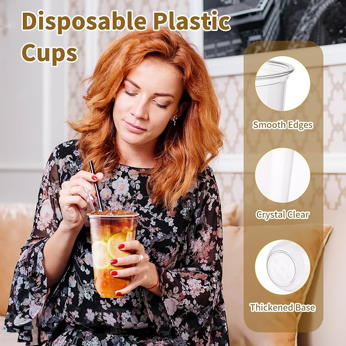 KesaPlan 100 Pcs 18oz Plastic Clear Cups, Disposable Wine Cocktail Glasses |