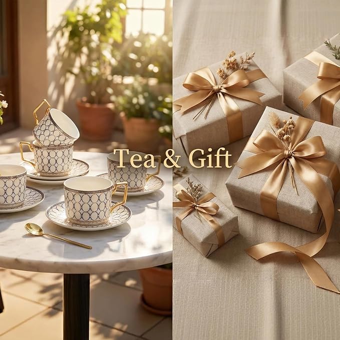 CwlwGO- Bone China Tea Cup Sets, 15-Pieces Tea Cup and Saucer Set Service