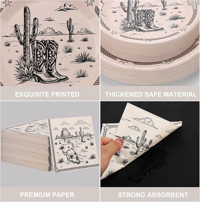 60PCS Cowboy Paper Plates and Napkins Party Supplies Serve 20 | Western Rodeo