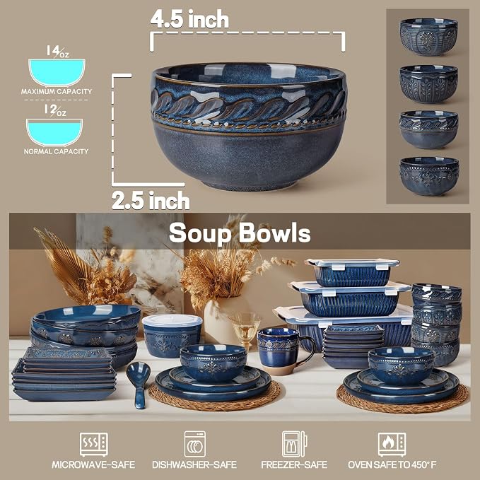 Small Bowls Set of 4, 12 oz Ceramic Embossment Dessert Bowls, Bowl