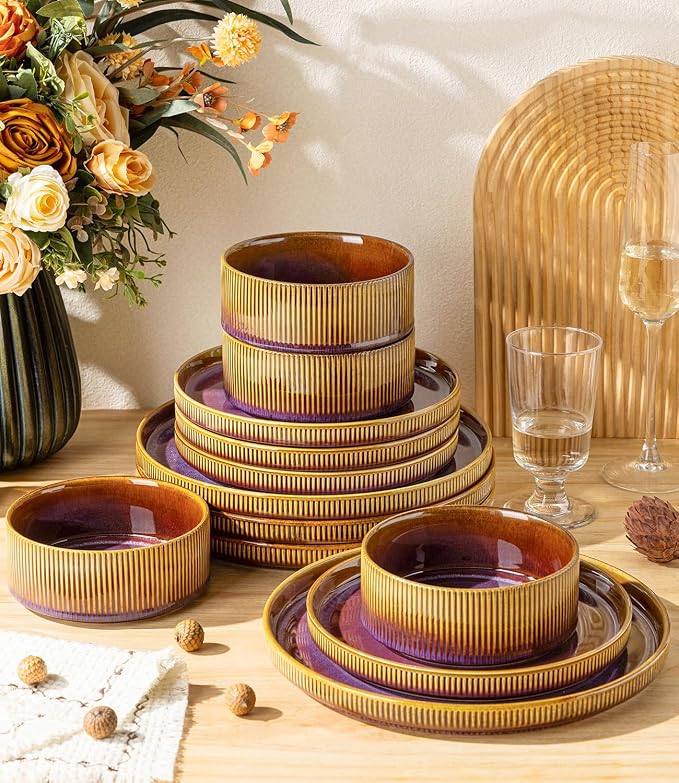 Ceramic Dinnerware Set for 4, 12-Piece Plates and Bowls Set | Lightweight