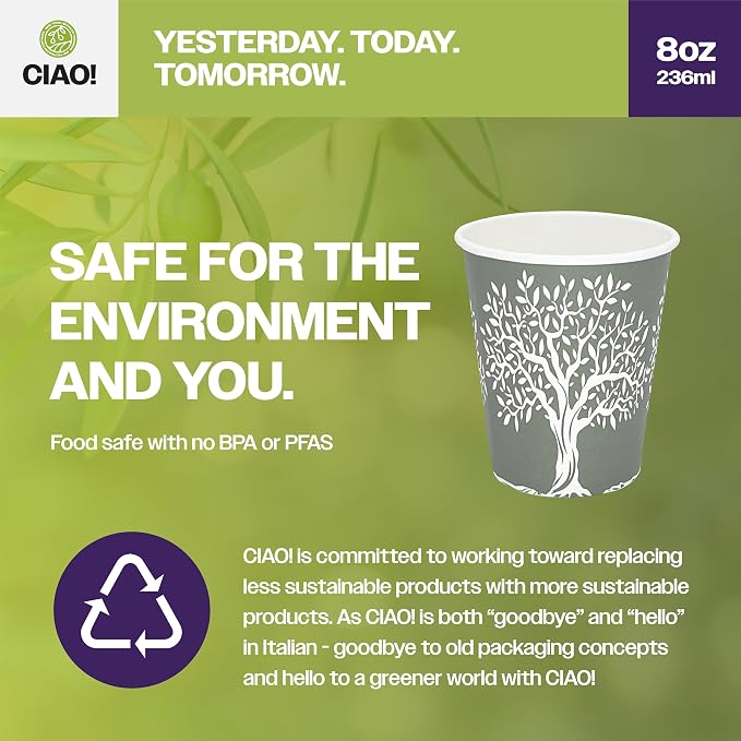 CIAO! 8oz Paper Hot Cup, Rooted Olive Print