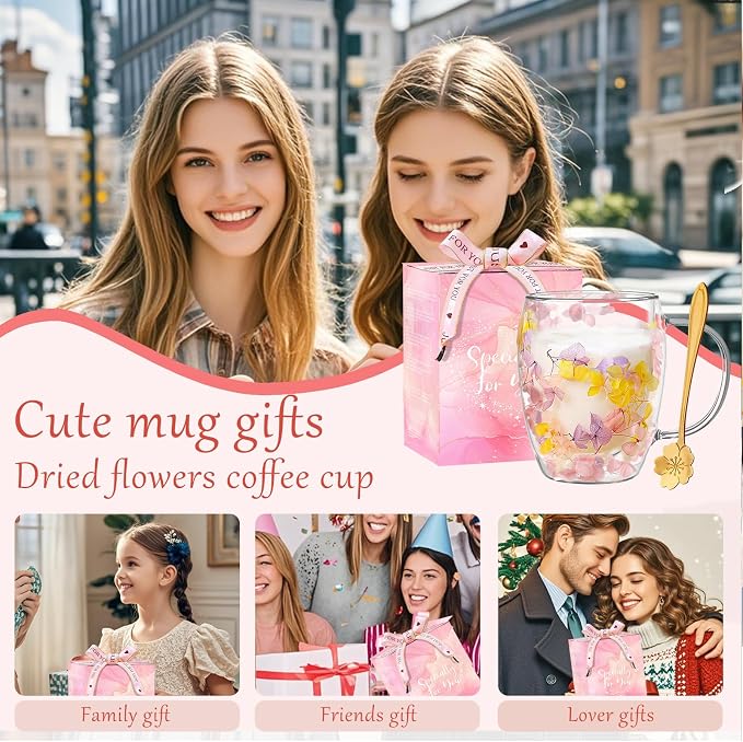 Double Wall Glass Coffee Mugs, Aesthetic Dried Flowers Cups