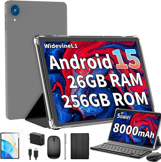 Android 15 Tablet with Keyboard, 26GB+256GB, 10.1 Inch Tablet 8000 mAh Battery