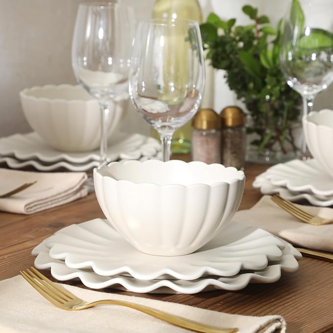 Gibson Elite Bistro Fleur Plates and Bowls Sets, 12-Piece Stoneware Dinnerware