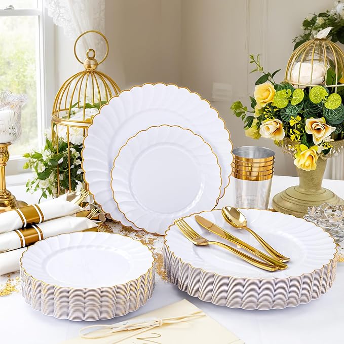 YOUBET 350PCS White and Gold Scalloped Plastic Plates