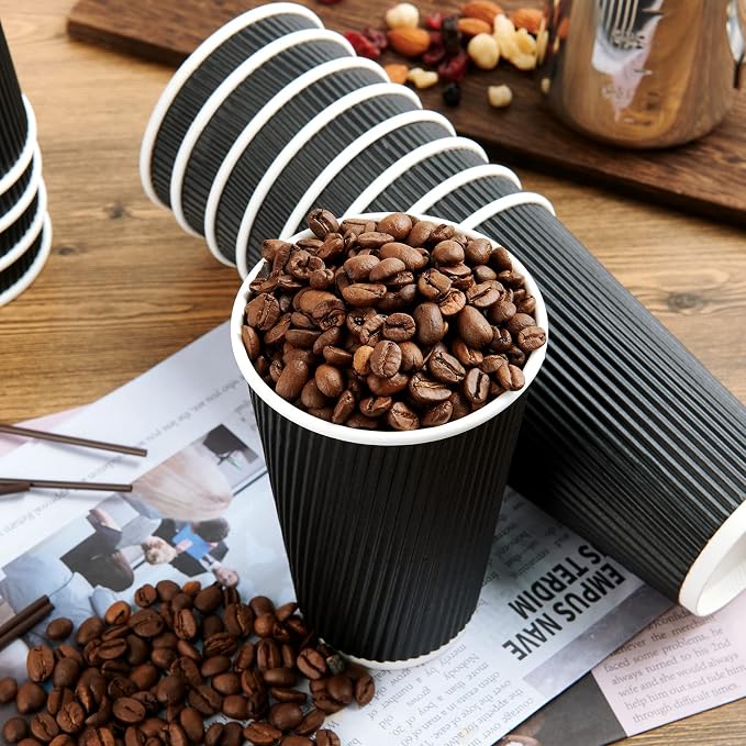 JollyPack Disposable Paper Coffee Cups, 12 oz, 60 Pack, Insulated Ripple Wall