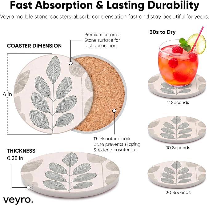 VEYRO Ceramic Coasters Set of 6 or 4 – Absorbent Stone Drink Coasters