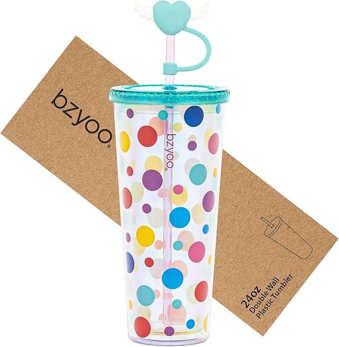 bzyoo 24 oz SIP Tumbler with Heart-Shaped w/Wing Straw Cap Cover– Cute DotDot