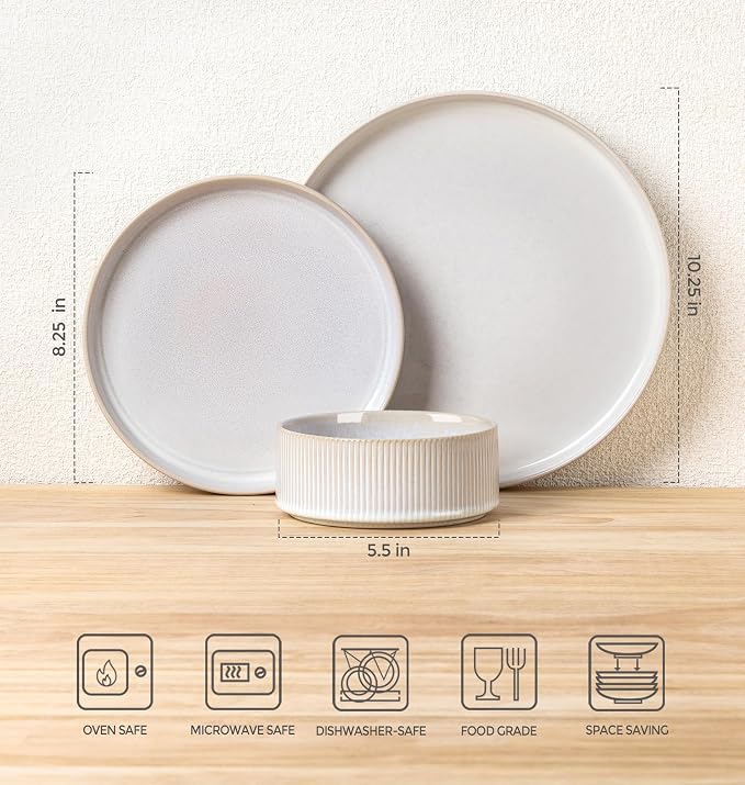 Ceramic Dinnerware Set for 8, 24-Piece Plates and Bowls Set | Lightweight