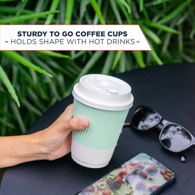 Disposable Coffee Cups With Lids - 12 oz Paper To Go Coffee Cups With