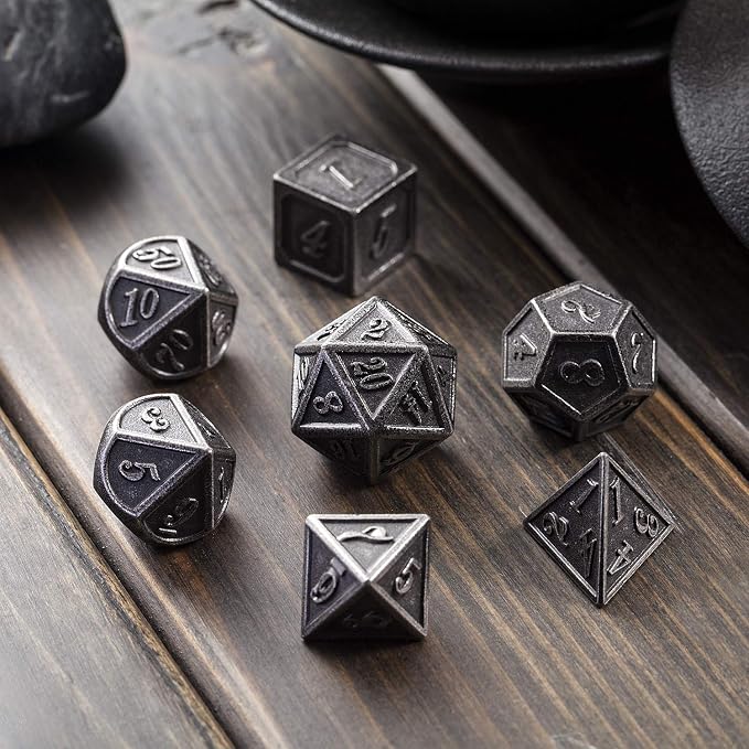DnDnD Acient Silver Metal DND Dice Set, Pathfinder, Savage World and Table Games