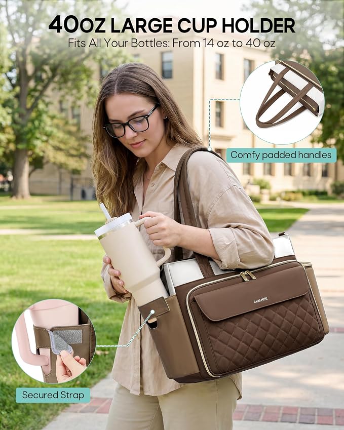 RAINSMORE Teacher Bag for Women, 15.6" Laptop Work Tote, 40oz Cup Holder |