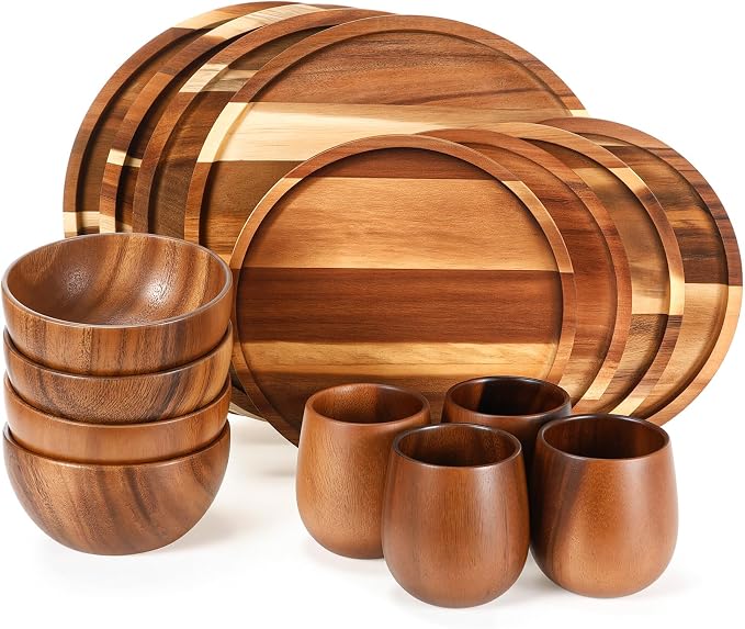 16 Pcs Acacia Wood Dinnerware Set, Round Wooden Plates, Solid Wooden Bowls and