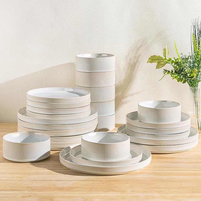 Ceramic Dinnerware Set for 8, 24-Piece Plates and Bowls Set | Lightweight