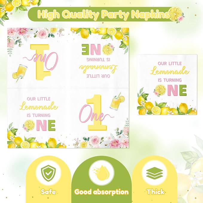 96Pcs Lemon 1st Party Plates Supplies Pink Yellow Our Little Lemonade Is