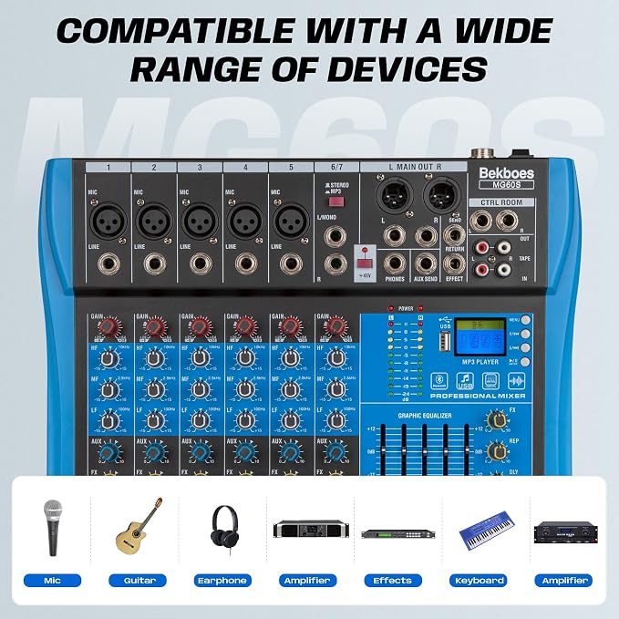 Professional Audio Mixer, 6 Channel, Input 48V Phantom Power Stereo Digital USB