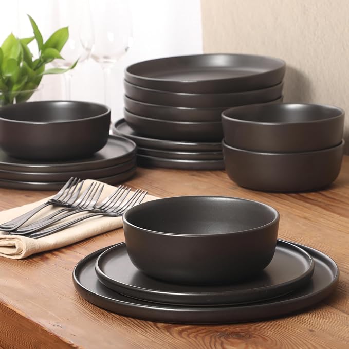 Gibson Elite Bayou Moon Plates and Bowls Sets, 16-Piece Black Matte Stoneware