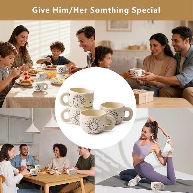 4pcs Boho Style Ceramic Moon and Sun Mugs, 9.4OZ Cute Coffee Cup Set, Matte