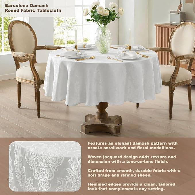 Newbridge Barcelona Luxury Damask Fabric Tablecloth, 90” Round, 100% Polyester