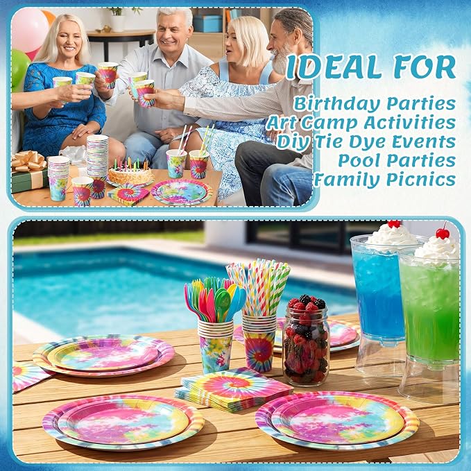 450 Pcs Tie Dye Party Tableware Set Decorations, Serves 50 | Rainbow Birthday