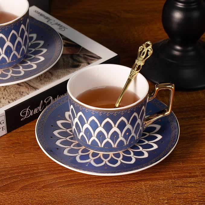 KAMMAK Tea Cups and Saucers Set of 2, Fine Bone China Coffee Cups, NX027 |