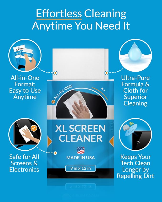 iCloth XL Screen Cleaning Wipes, Lint-Free and Streak-Free, Fast-Drying