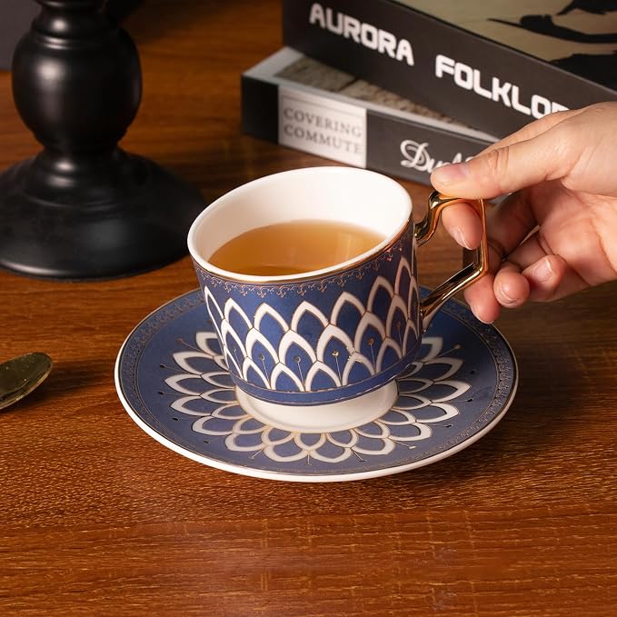 KAMMAK Tea Cups and Saucers Set of 2, Fine Bone China Coffee Cups, NX027 |