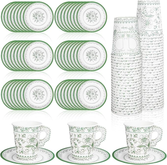 Whaline 80 Pcs Green White Floral Paper Tea Cups and Saucers Porcelain