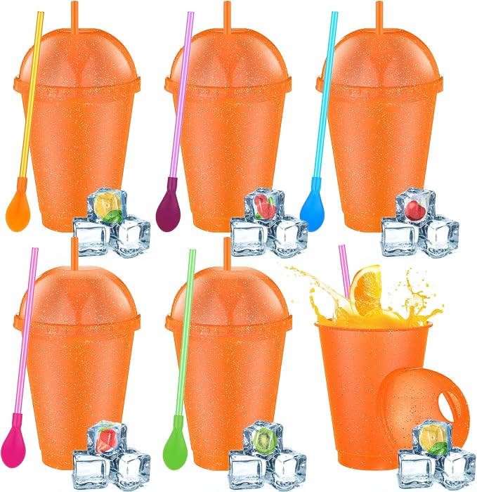 6 Set Slushie Cups with Dome Lids and Straws Detachable Spoon Straws Reusable